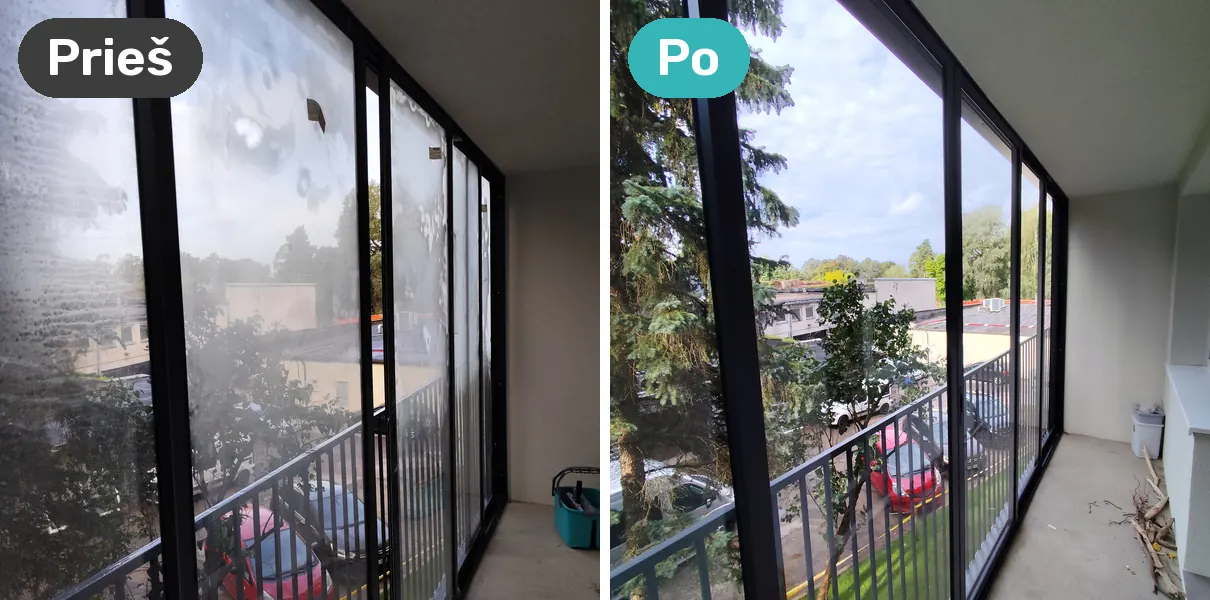 Postatybinis balkono stiklų valymas: prieš ir po