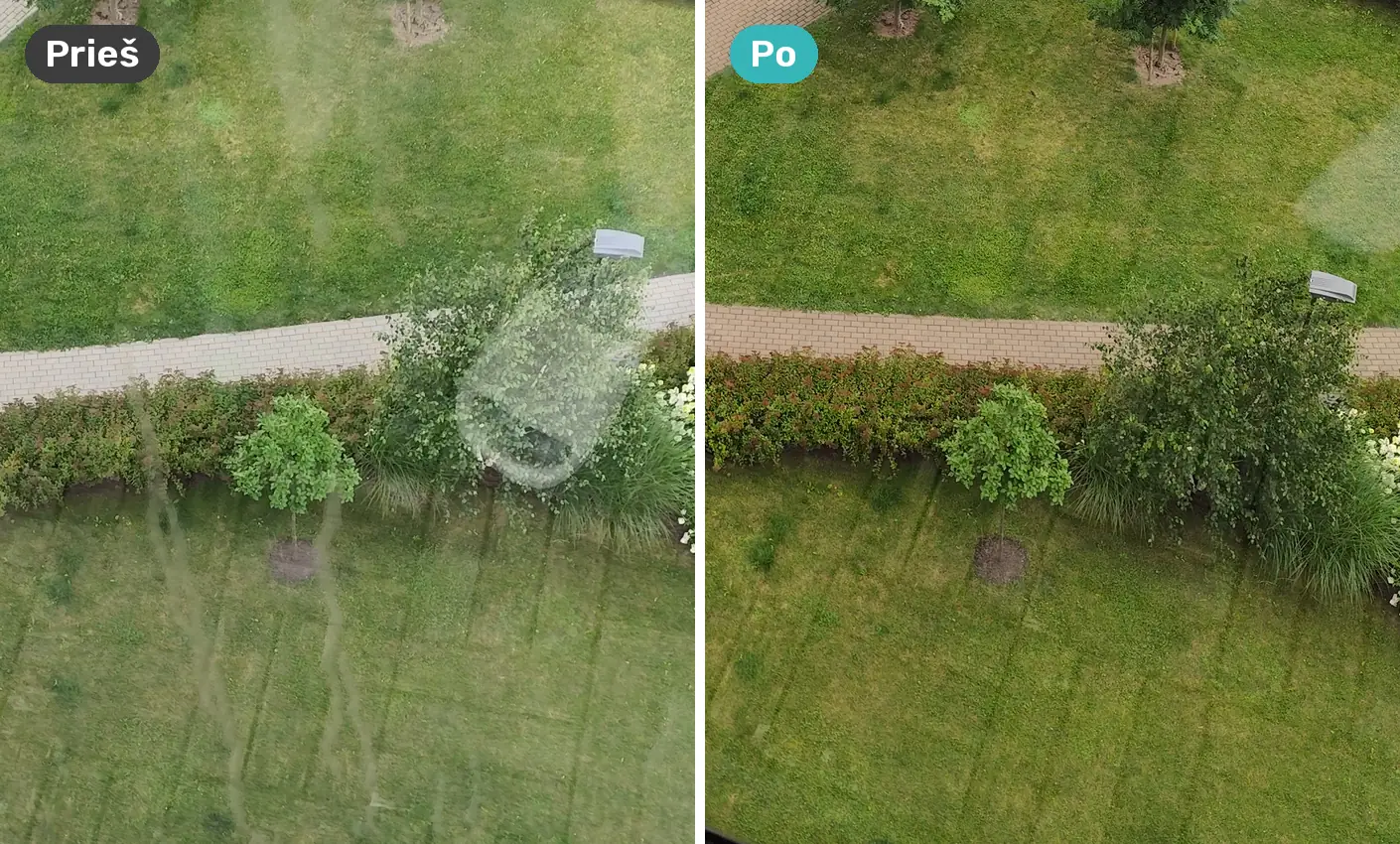 Stikliniai balkono turėklai prieš ir po kalkių šalinimo